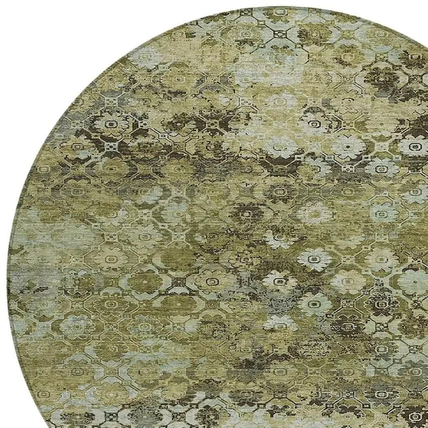 8' Olive Green And Mint Green Round Abstract Washable Indoor Outdoor Area Rug Photo 2