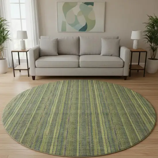 8' Olive Green And Navy Blue Striped Washable Round Rug With UV Protection Photo 2