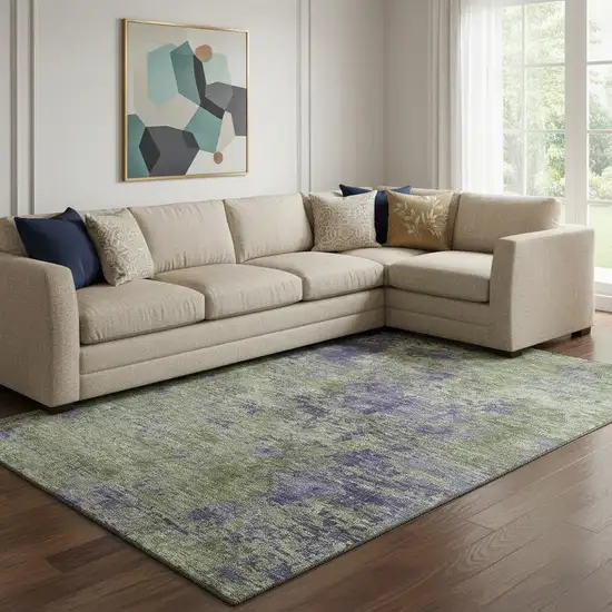 8' Olive Green And Purple Abstract Washable Area Rug With UV Protection Photo 2