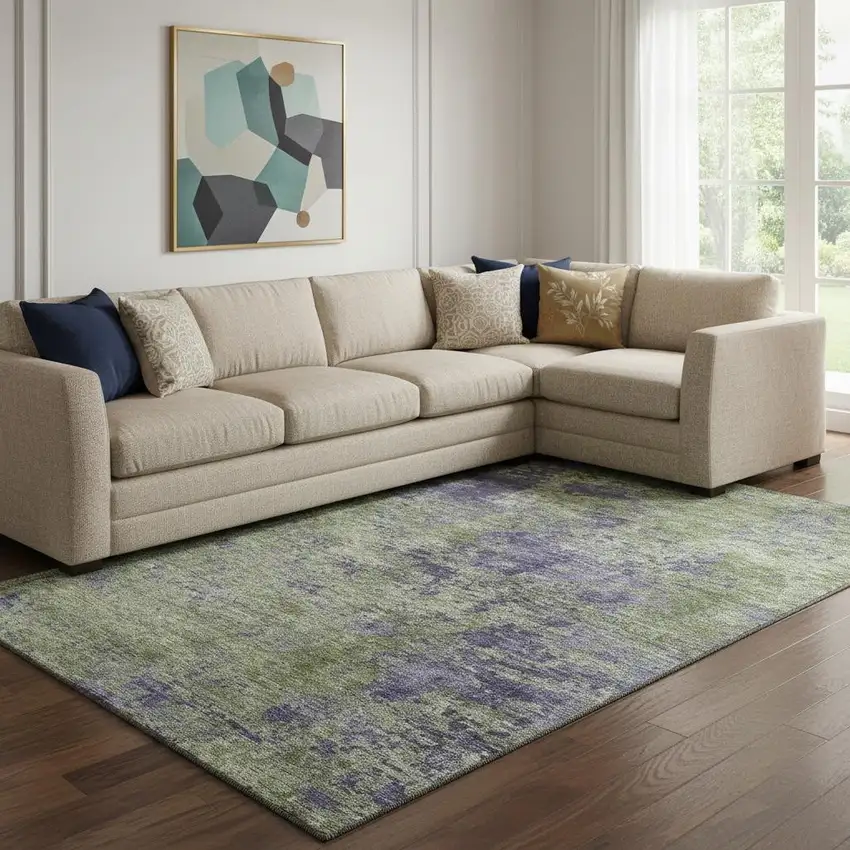 8' Olive Green And Purple Abstract Washable Area Rug With UV Protection Photo 2