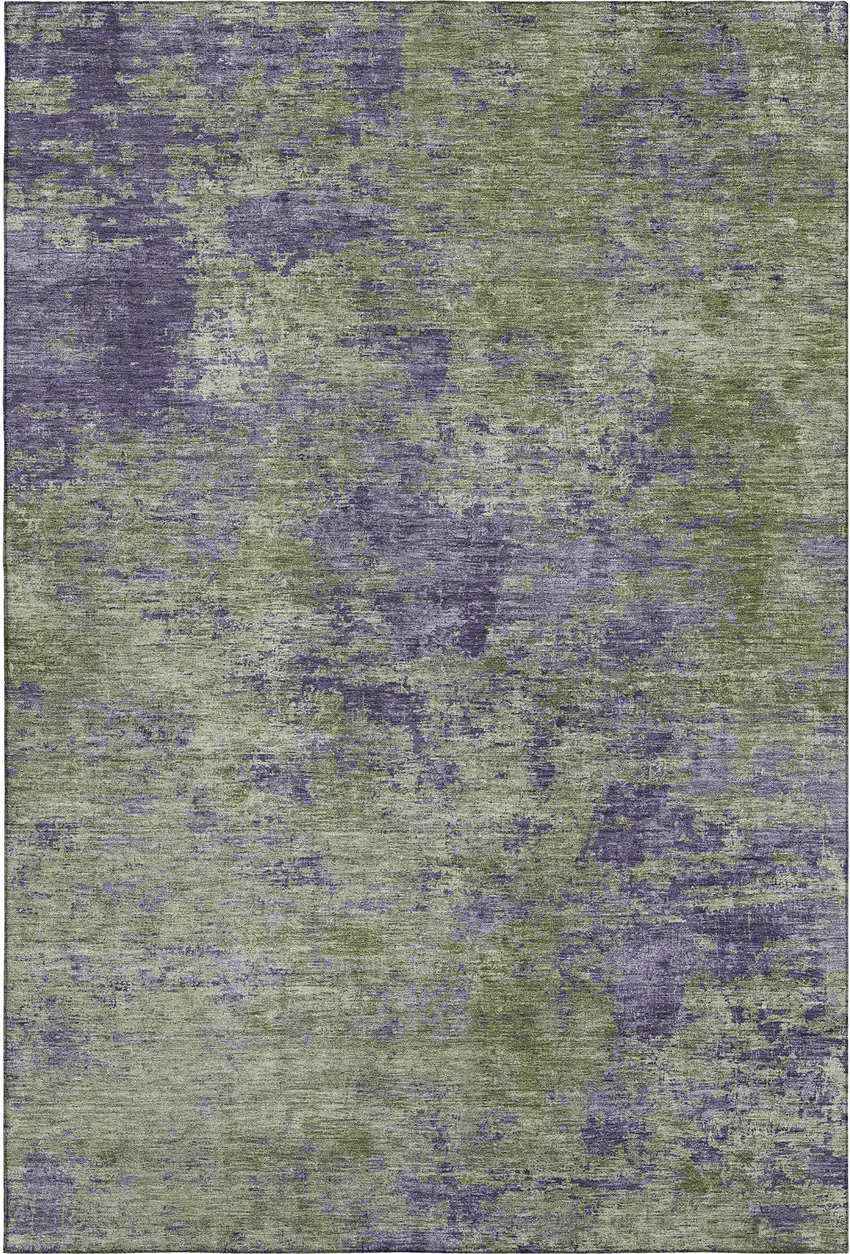 8' Olive Green And Purple Abstract Washable Area Rug With UV Protection Photo 1