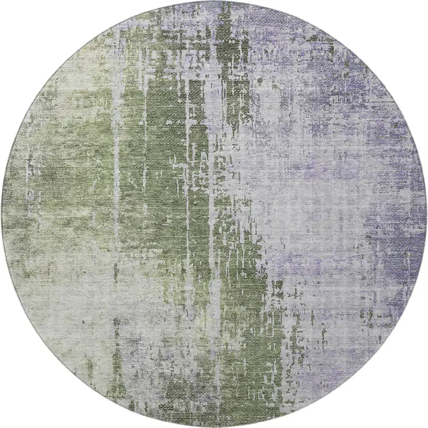 8' Olive Green And Purple Abstract Washable Round Rug With UV Protection Photo 4