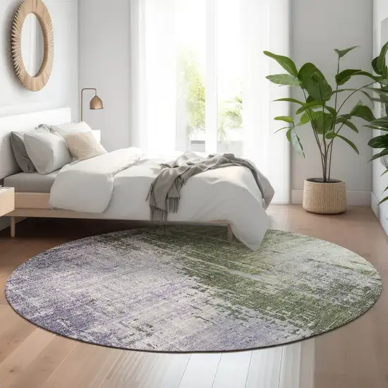8' Olive Green And Purple Abstract Washable Round Rug With UV Protection Photo 5