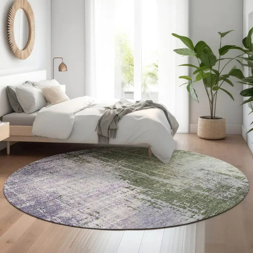8' Olive Green And Purple Abstract Washable Round Rug With UV Protection Photo 5