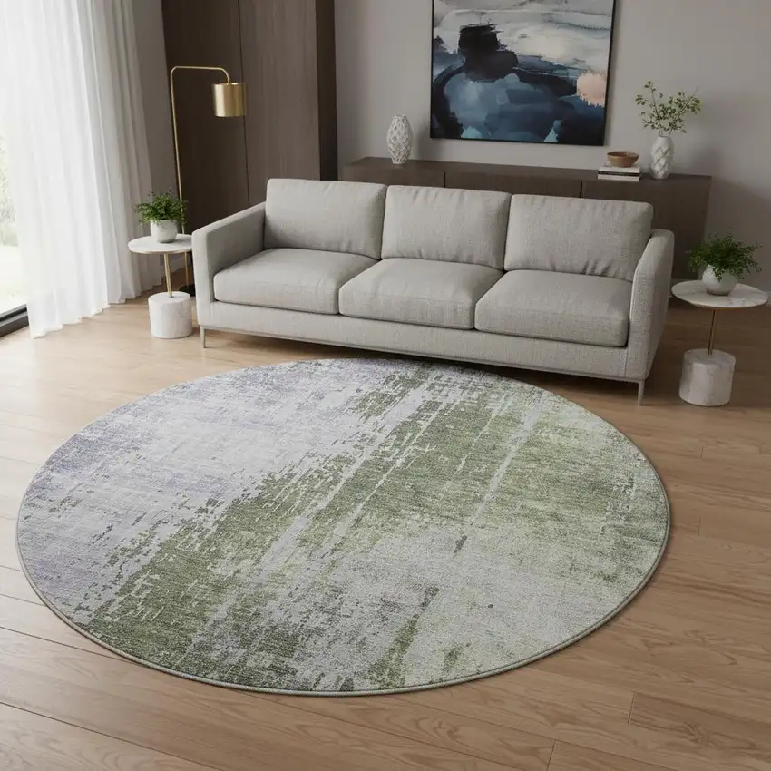 8' Olive Green And Purple Abstract Washable Round Rug With UV Protection Photo 2