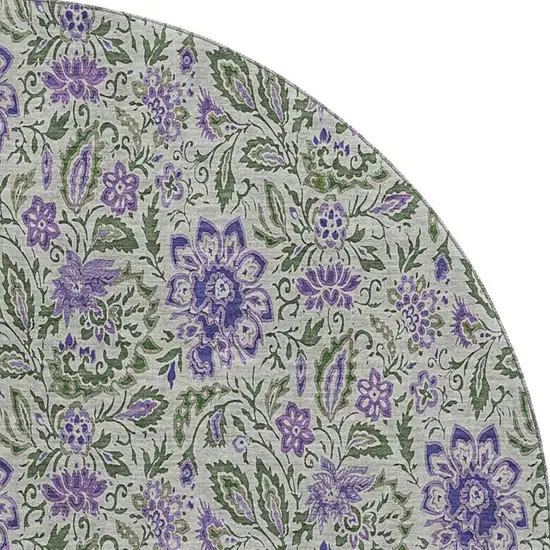 8' Olive Green And Purple Floral Washable Round Rug With UV Protection Photo 3