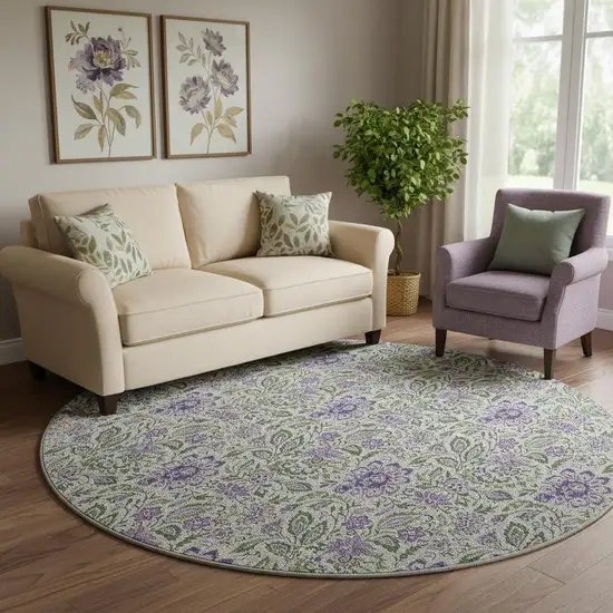 8' Olive Green And Purple Floral Washable Round Rug With UV Protection Photo 1