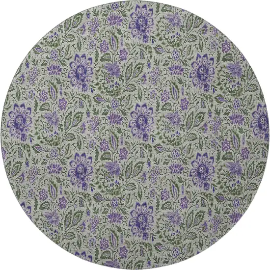 8' Olive Green And Purple Floral Washable Round Rug With UV Protection Photo 4