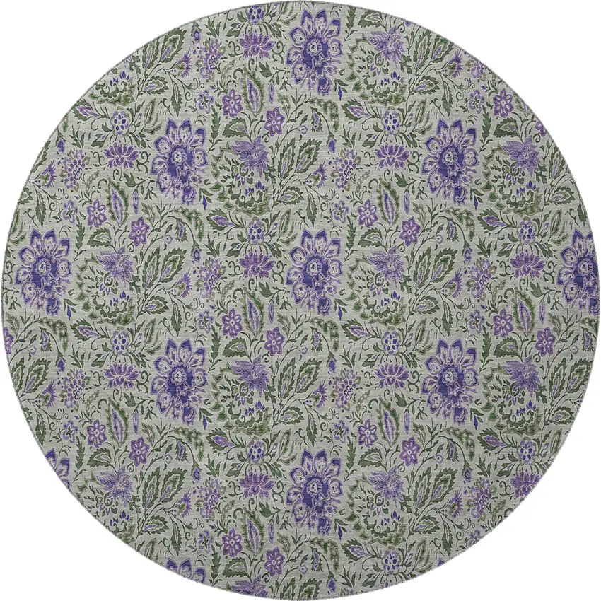 8' Olive Green And Purple Floral Washable Round Rug With UV Protection Photo 4