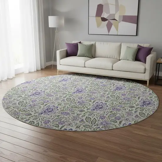 8' Olive Green And Purple Floral Washable Round Rug With UV Protection Photo 2