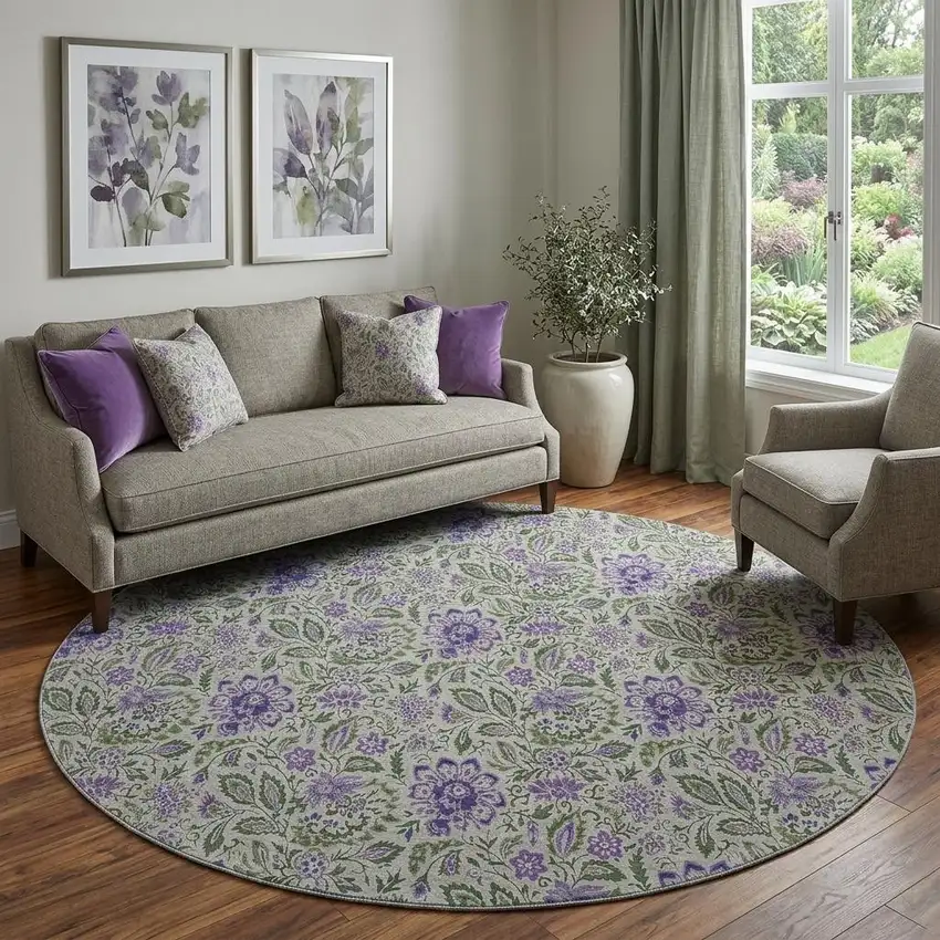 8' Olive Green And Purple Floral Washable Round Rug With UV Protection Photo 1