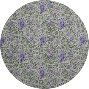 Photo of 8' Olive Green And Purple Floral Washable Round Rug With UV Protection