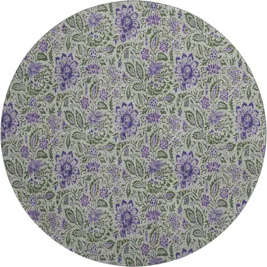8' Olive Green And Purple Floral Washable Round Rug With UV Protection Photo 1
