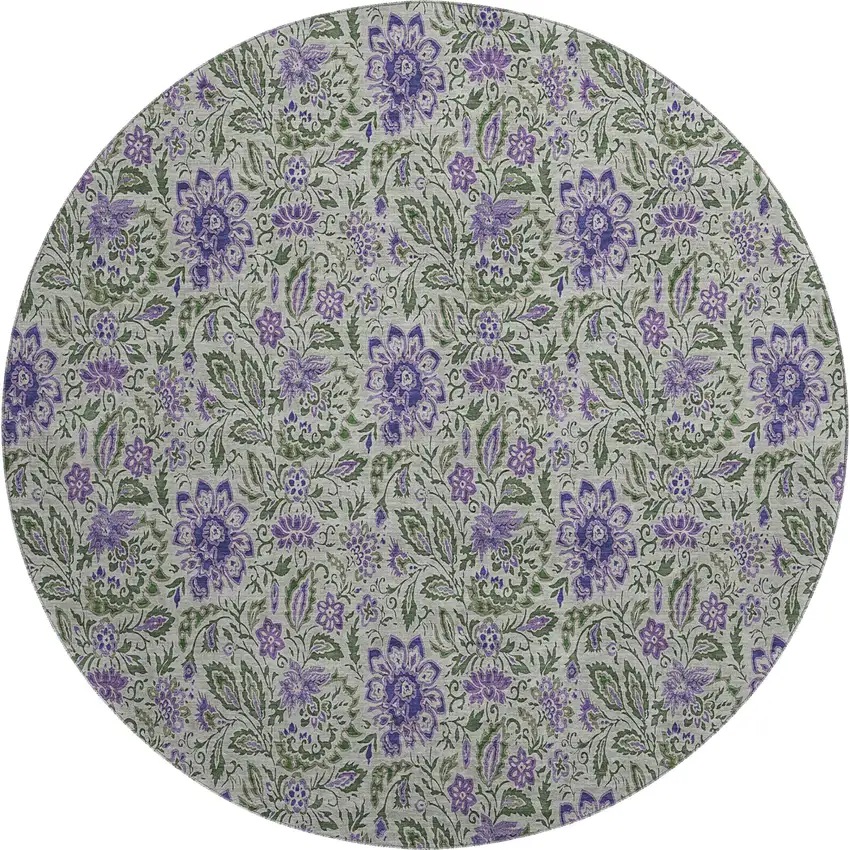 8' Olive Green And Purple Floral Washable Round Rug With UV Protection Photo 1