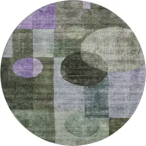 Photo of 8' Olive Green And Purple Geometric Washable Round Rug With UV Protection
