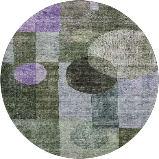 8' Olive Green And Purple Geometric Washable Round Rug With UV Protection Photo 1