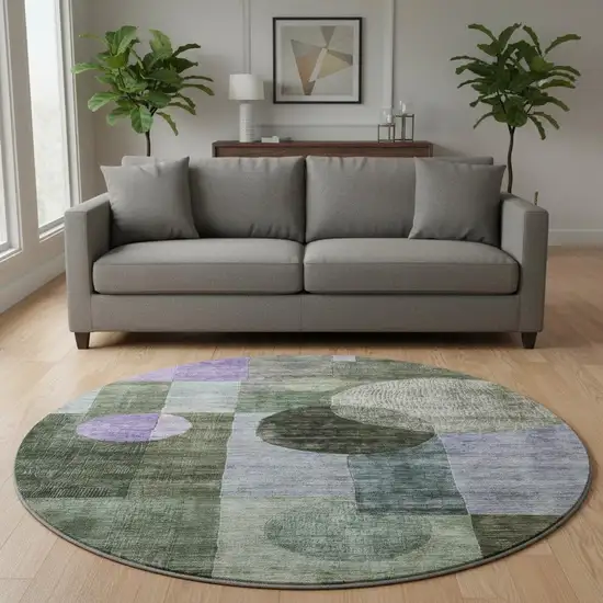 8' Olive Green And Purple Geometric Washable Round Rug With UV Protection Photo 2