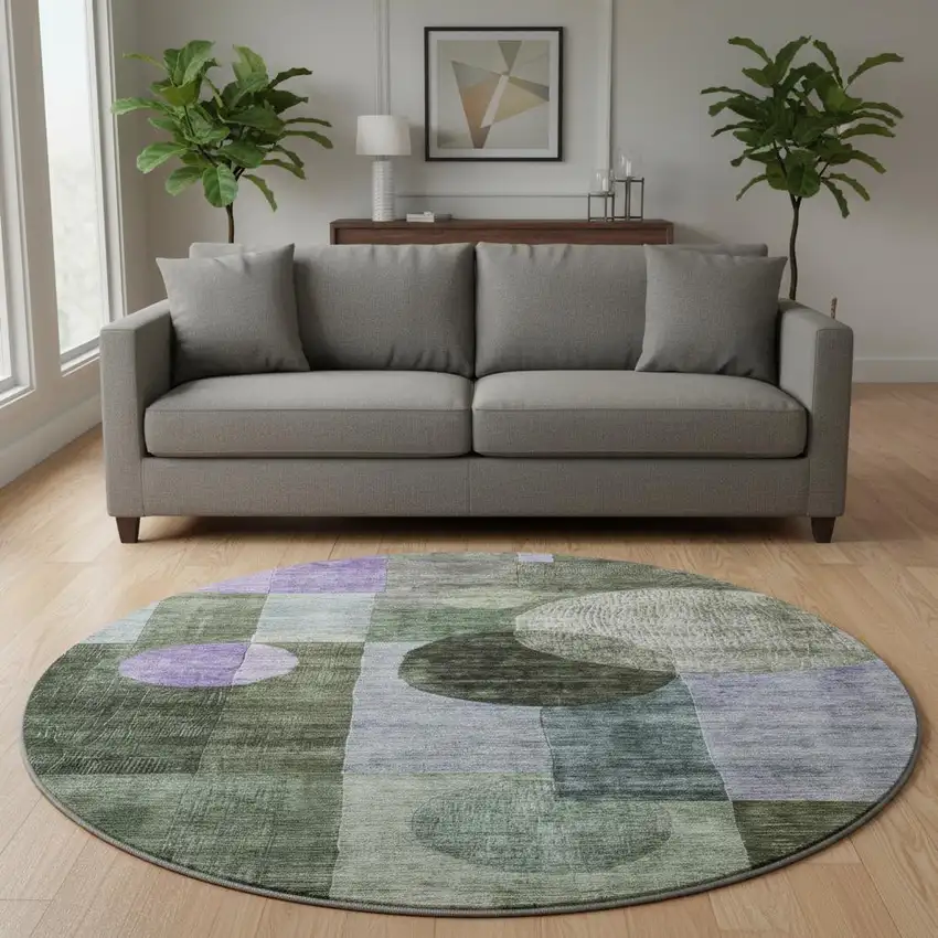 8' Olive Green And Purple Geometric Washable Round Rug With UV Protection Photo 2