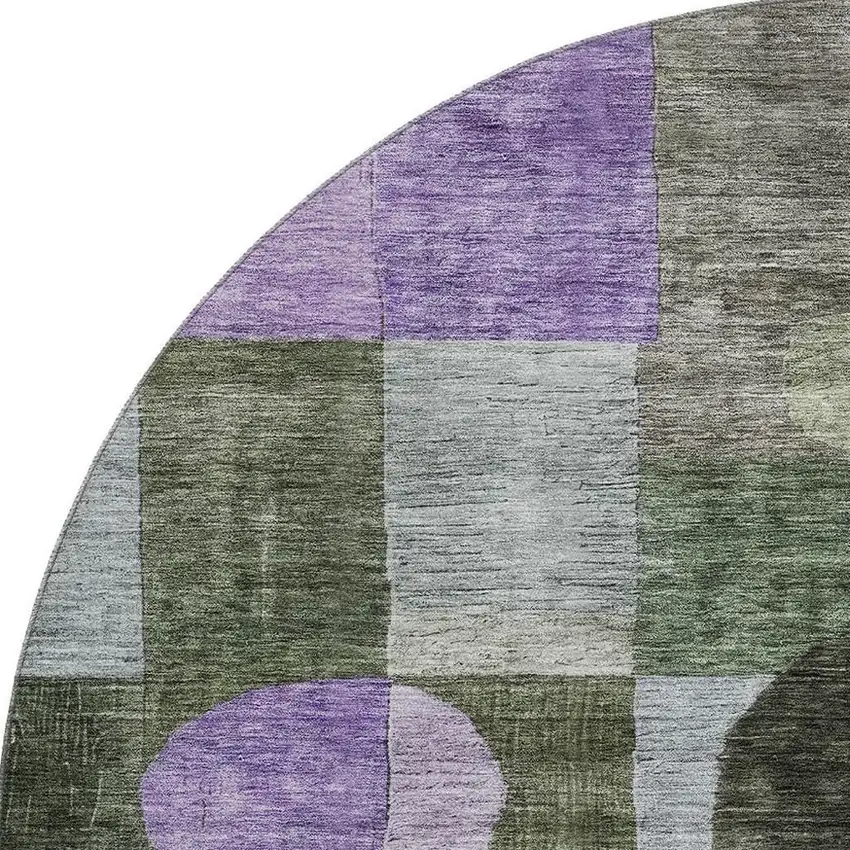 8' Olive Green And Purple Geometric Washable Round Rug With UV Protection Photo 3