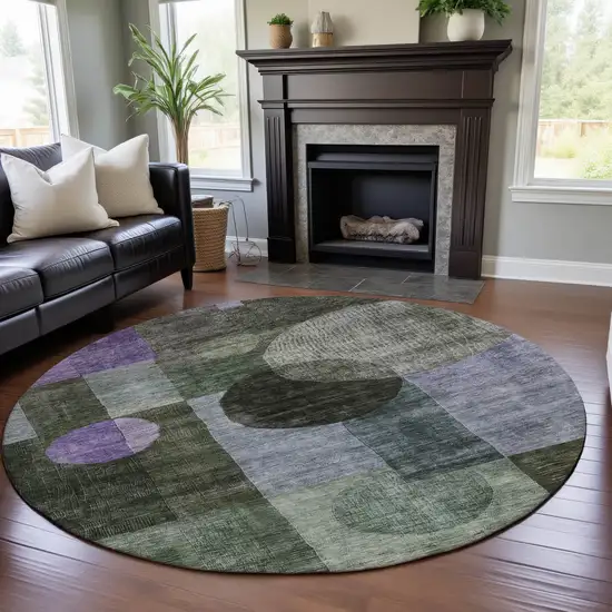 8' Olive Green And Purple Geometric Washable Round Rug With UV Protection Photo 4