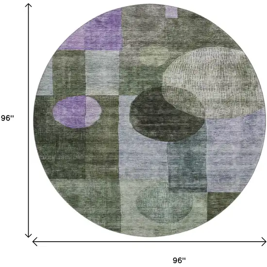 8' Olive Green And Purple Geometric Washable Round Rug With UV Protection Photo 9