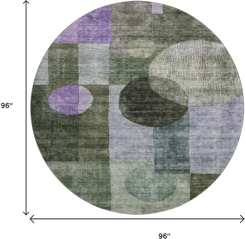 8' Olive Green And Purple Geometric Washable Round Rug With UV Protection Photo 9