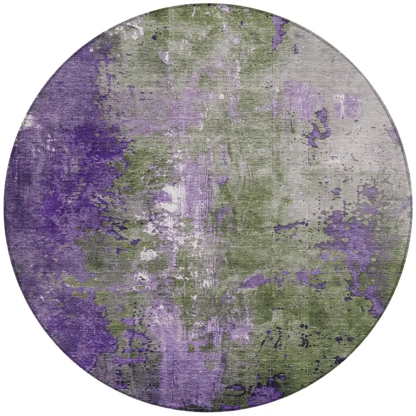 8' Olive Green And Purple Round Abstract Washable Indoor Outdoor Area Rug Photo 3