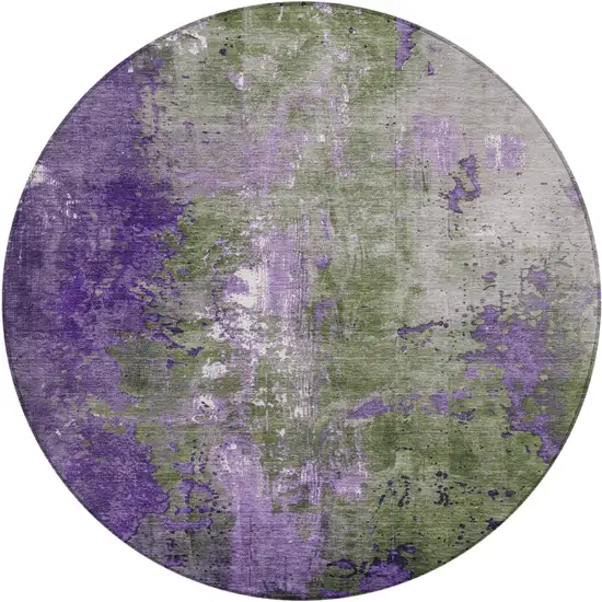 8' Olive Green And Purple Round Abstract Washable Indoor Outdoor Area Rug Photo 1