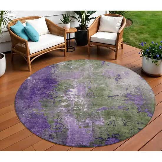 8' Olive Green And Purple Round Abstract Washable Indoor Outdoor Area Rug Photo 2