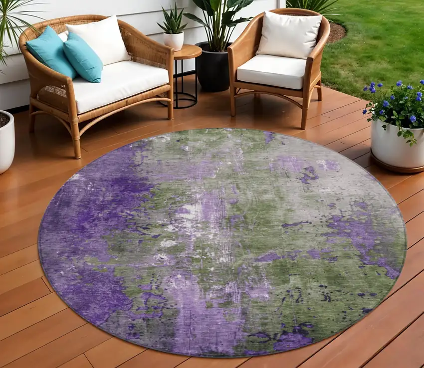 8' Olive Green And Purple Round Abstract Washable Indoor Outdoor Area Rug Photo 2