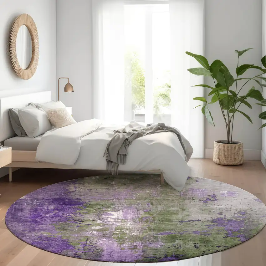 8' Olive Green And Purple Round Abstract Washable Indoor Outdoor Area Rug Photo 6