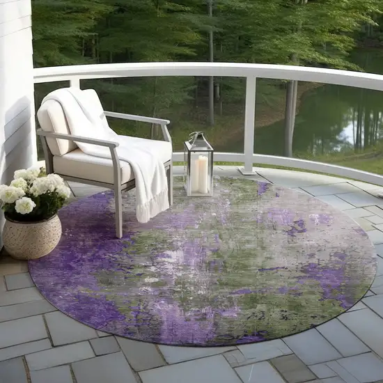 8' Olive Green And Purple Round Abstract Washable Indoor Outdoor Area Rug Photo 5