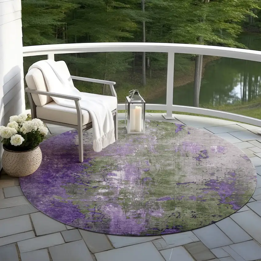 8' Olive Green And Purple Round Abstract Washable Indoor Outdoor Area Rug Photo 5