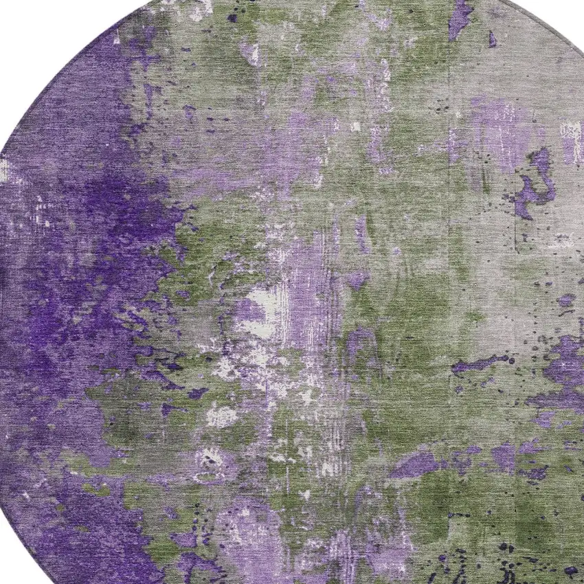8' Olive Green And Purple Round Abstract Washable Indoor Outdoor Area Rug Photo 8