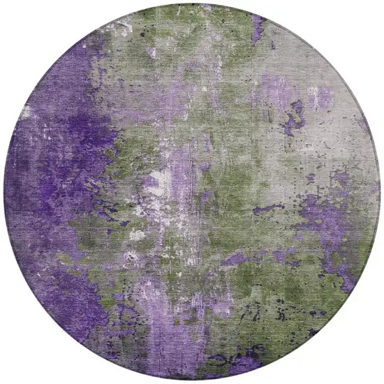 8' Olive Green And Purple Round Abstract Washable Indoor Outdoor Area Rug Photo 4