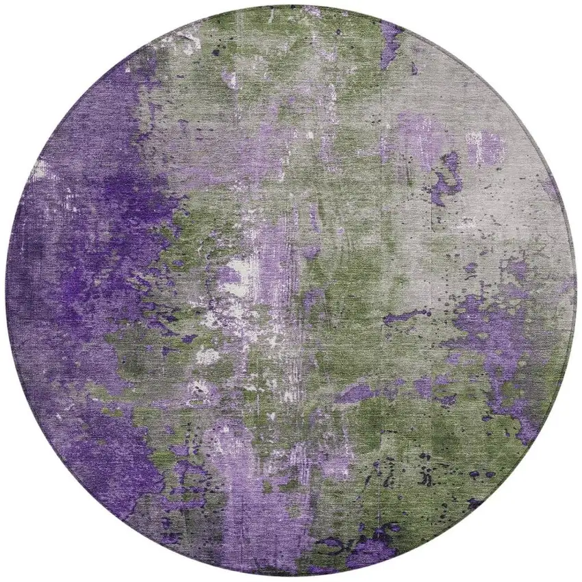 8' Olive Green And Purple Round Abstract Washable Indoor Outdoor Area Rug Photo 4