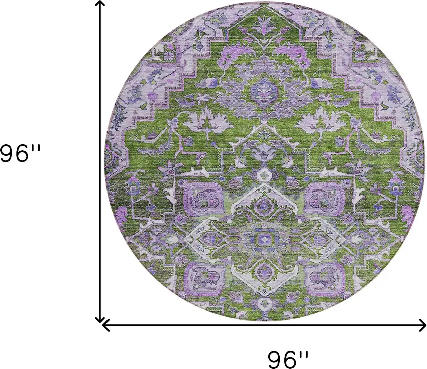 8' Olive Green And Purple Round Oriental Washable Indoor Outdoor Area Rug Photo 3