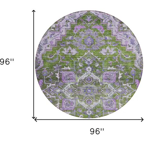 8' Olive Green And Purple Round Oriental Washable Indoor Outdoor Area Rug Photo 3