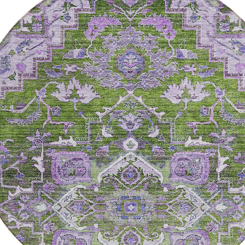 8' Olive Green And Purple Round Oriental Washable Indoor Outdoor Area Rug Photo 4
