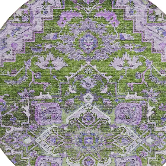 8' Olive Green And Purple Round Oriental Washable Indoor Outdoor Area Rug Photo 4