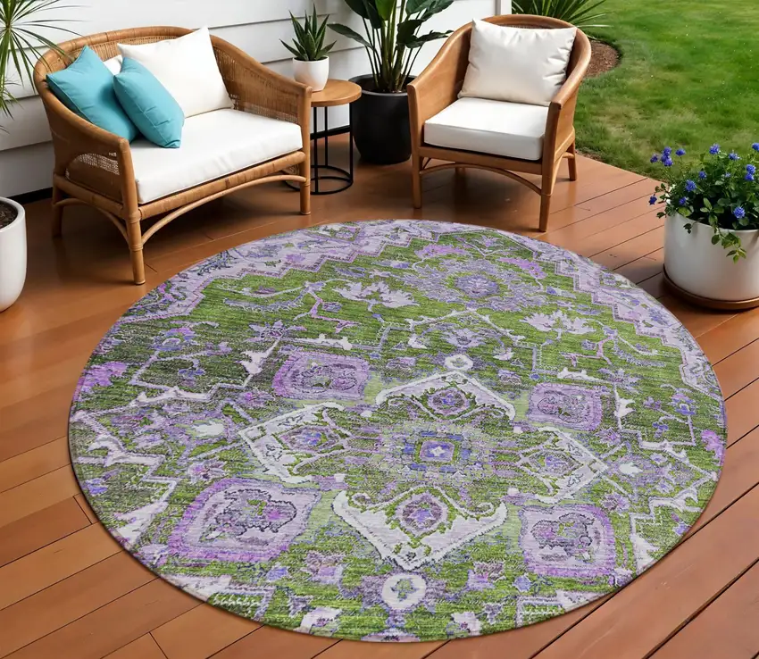 8' Olive Green And Purple Round Oriental Washable Indoor Outdoor Area Rug Photo 1
