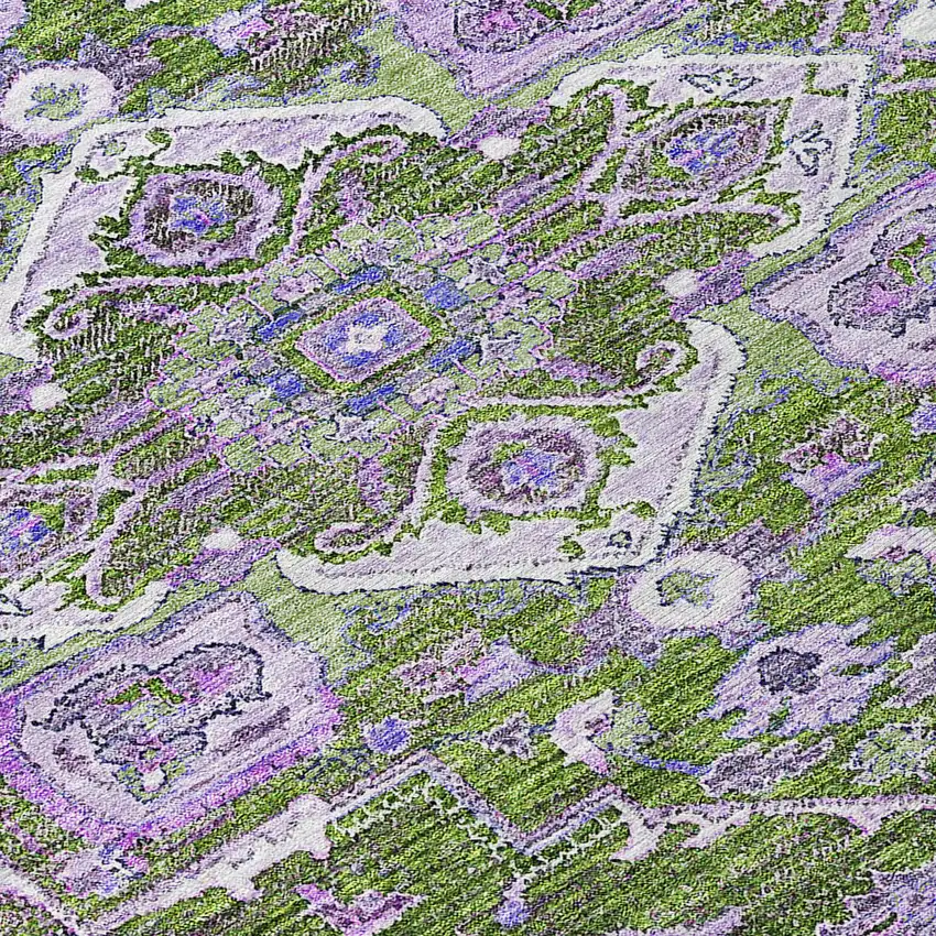 8' Olive Green And Purple Round Oriental Washable Indoor Outdoor Area Rug Photo 8