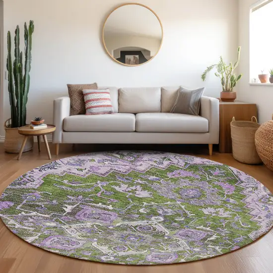 8' Olive Green And Purple Round Oriental Washable Indoor Outdoor Area Rug Photo 7