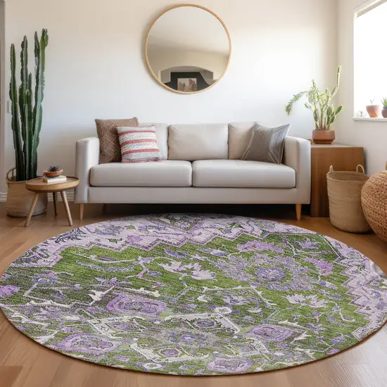 8' Olive Green And Purple Round Oriental Washable Indoor Outdoor Area Rug Photo 7