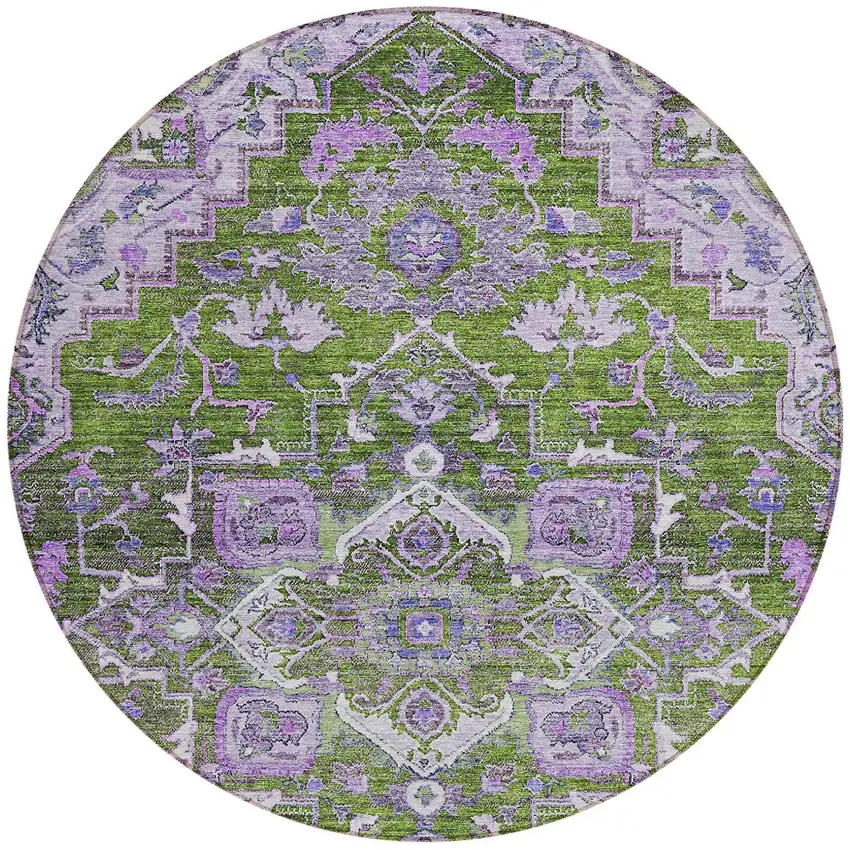 8' Olive Green And Purple Round Oriental Washable Indoor Outdoor Area Rug Photo 5