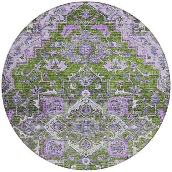 8' Olive Green And Purple Round Oriental Washable Indoor Outdoor Area Rug Photo 5