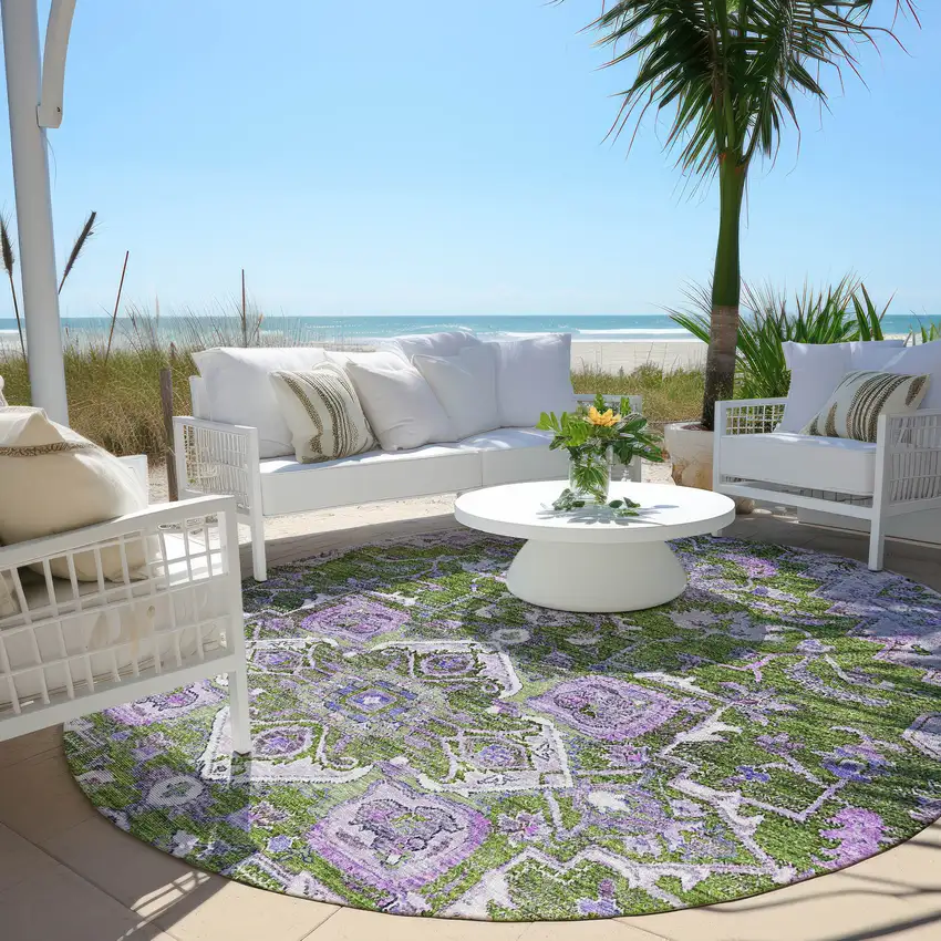 8' Olive Green And Purple Round Oriental Washable Indoor Outdoor Area Rug Photo 6