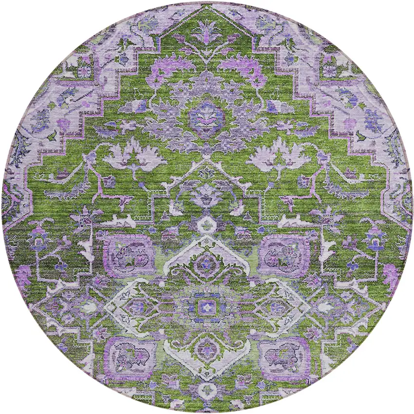 8' Olive Green And Purple Round Oriental Washable Indoor Outdoor Area Rug Photo 2