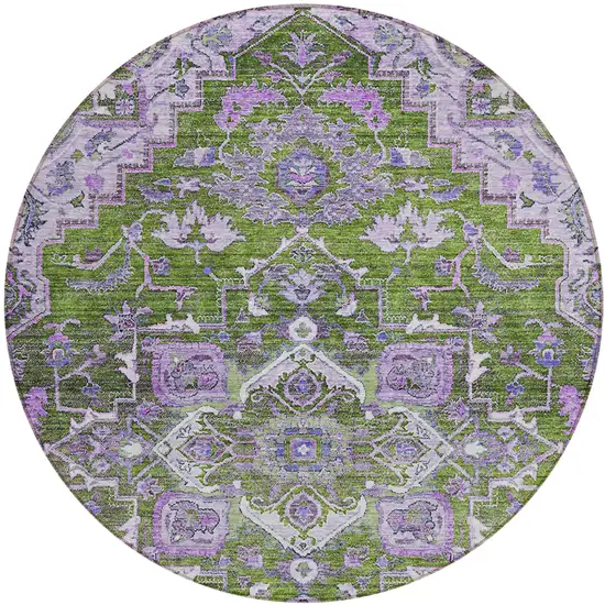 8' Olive Green And Purple Round Oriental Washable Indoor Outdoor Area Rug Photo 2