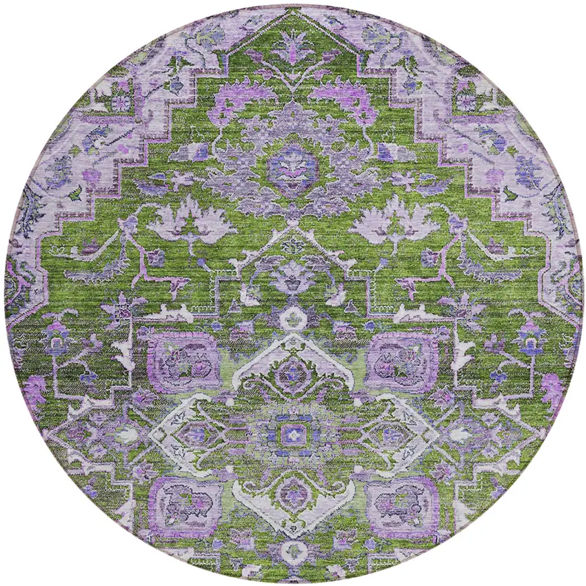 8' Olive Green And Purple Round Oriental Washable Indoor Outdoor Area Rug Photo 2